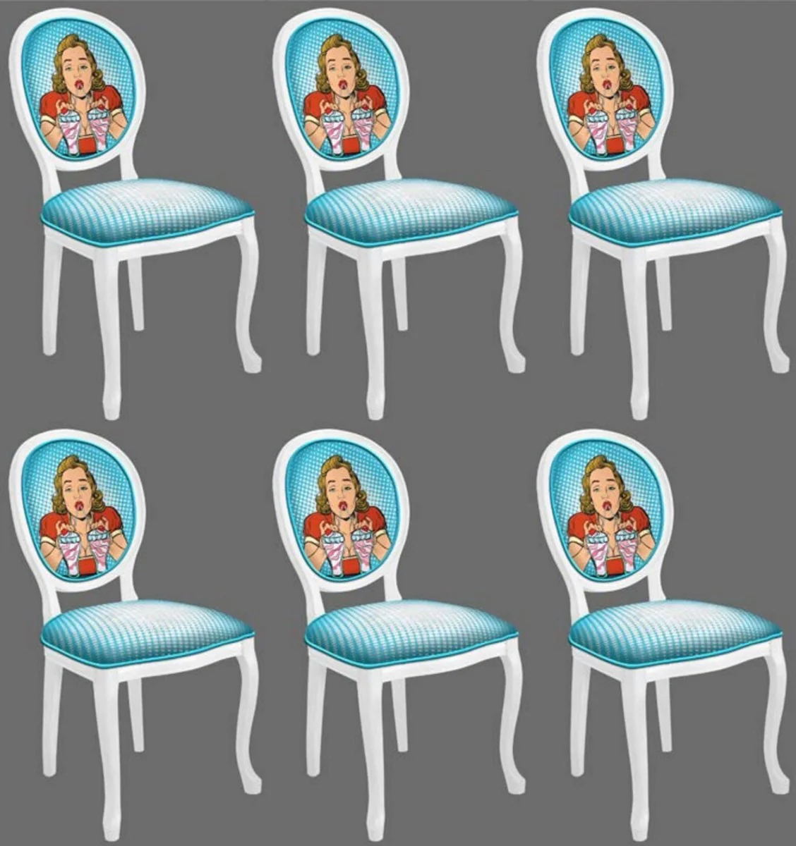 Casa Padrino conjunto de sillas de comedor barroco azul / multicolor / blanco - 6 Sillas de cocina hecho a mano en estilo barroco - Muebles de comedor barrocos