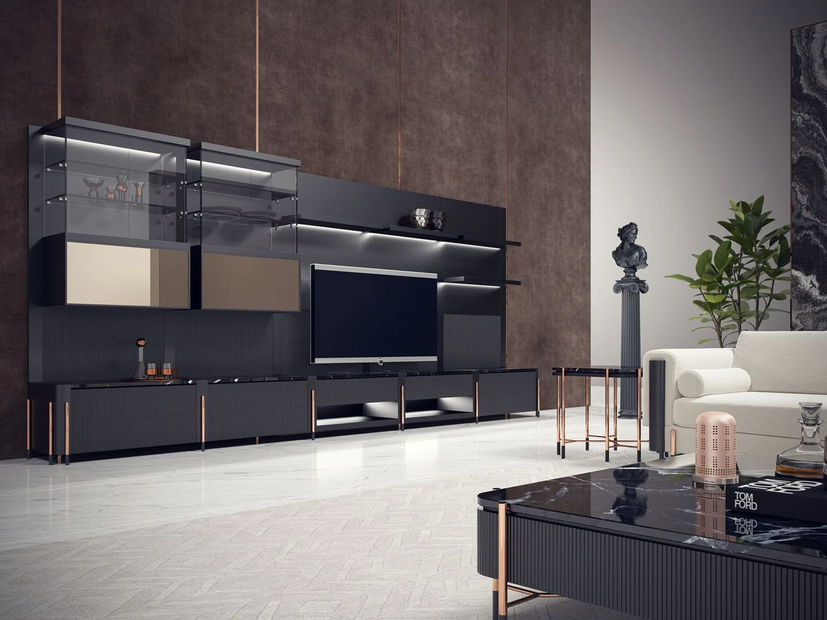 Casa Padrino mesa auxiliar de lujo negro / negro mate / cobre 59 x 59 x A. 55 cm - Mesa cuadrada con tapa de m¨¢rmol - Muebles de sal¨®n - Muebles de hotel - Muebles de lujo