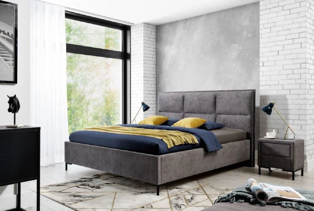 Casa Padrino Cama Matrimonial de Lujo Gris / Negro - Varios Tamaños - Cama Moderna de Madera Maciza con Cabecero - Muebles Dormitorio Modernos - Colección de Lujo