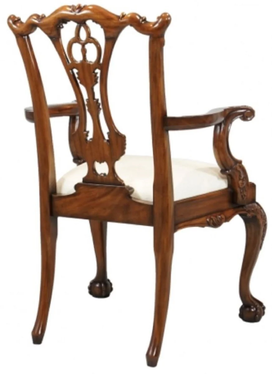 Casa Padrino silla de comedor barroco de lujo con reposabrazos blanco / marr¨®n - Silla tapizada de madera maciza de estilo barroco - Muebles de comedor barrocos