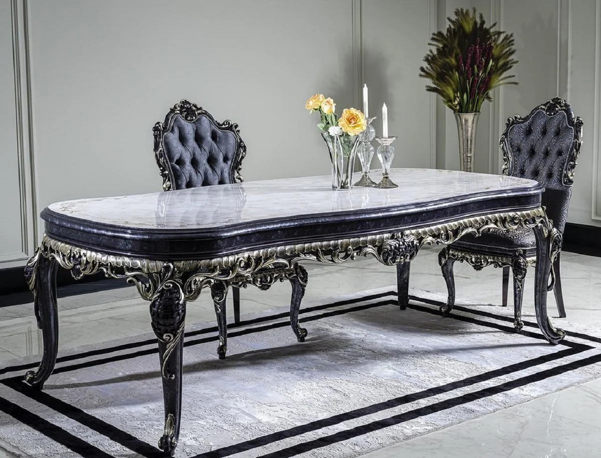 Casa Padrino mesa de comedor barroco de lujo blanco / azul / oro - Mesa de comedor de madera maciza hecha a mano - Muebles de comedor barrocos - Noble y Magn¨ªfico