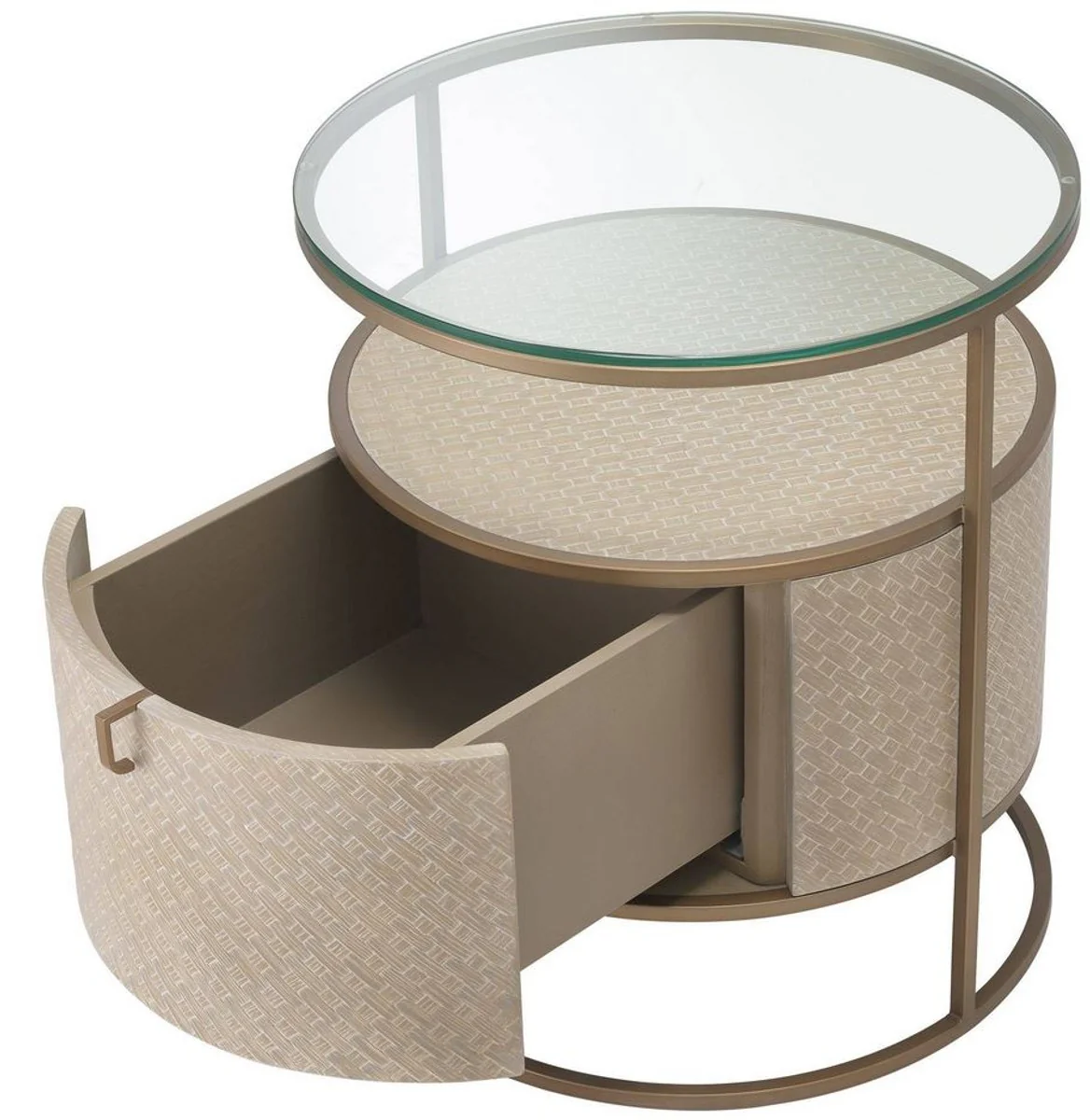 Casa Padrino mesita de noche de lujo beige / lat¨®n ? 50 x H. 56 cm - Mesa Auxiliar Redonda con Caj¨®n y Tapa de Vidrio - Muebles de Dormitorio de Lujo