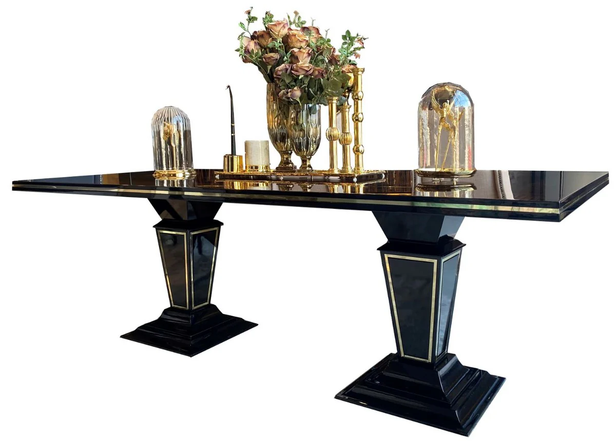 Casa Padrino mesa de comedor Art Deco de lujo marr¨®n oscuro / negro / oro 220 x 110 x A. 76 cm - Noble mesa de comedor con sobre de vidrio - Muebles de comedor Art Deco