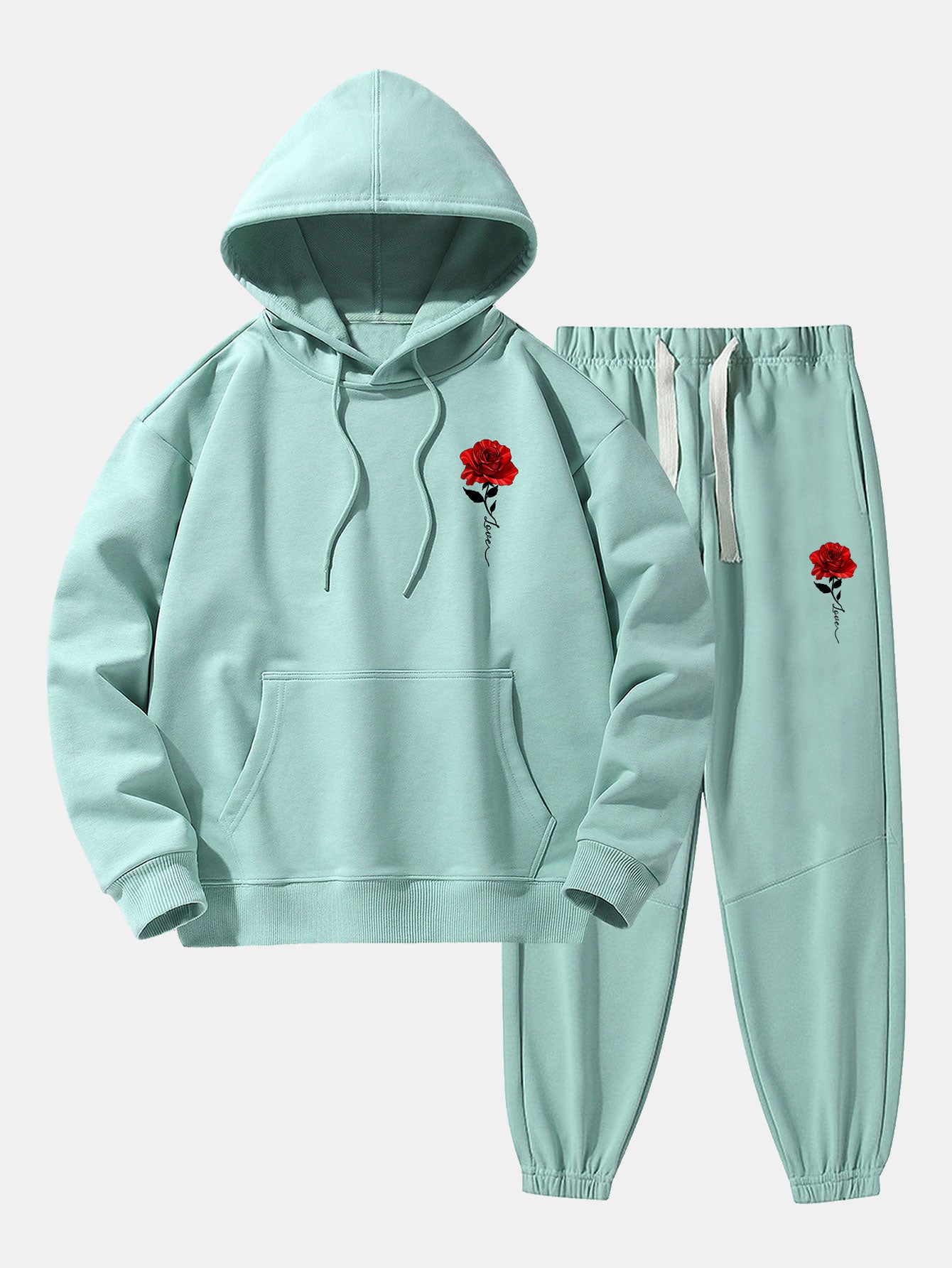 Rose Print Cotton Blend Hoodie & Jogger Pants