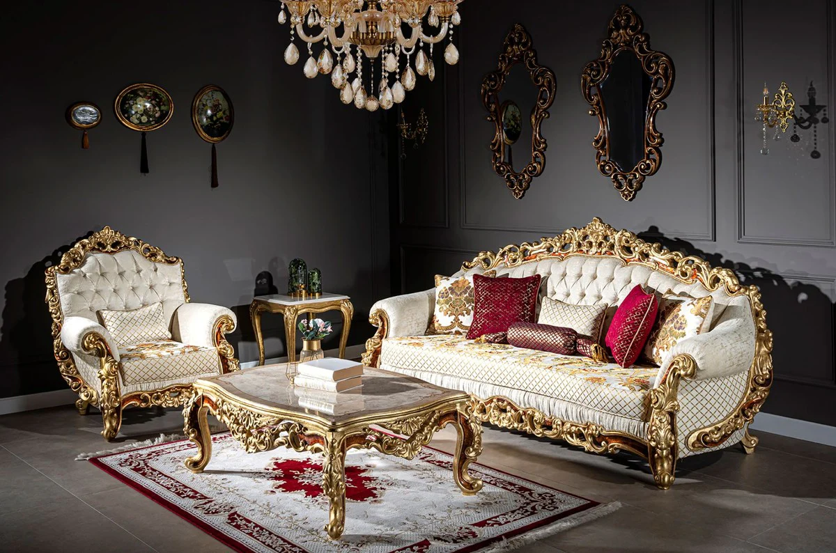 Casa Padrino sof¨¢ barroco de lujo blanco / oro / marr¨®n / oro - Sof¨¢ de sal¨®n magn¨ªfica con almohadas decorativas - Muebles Barrocos