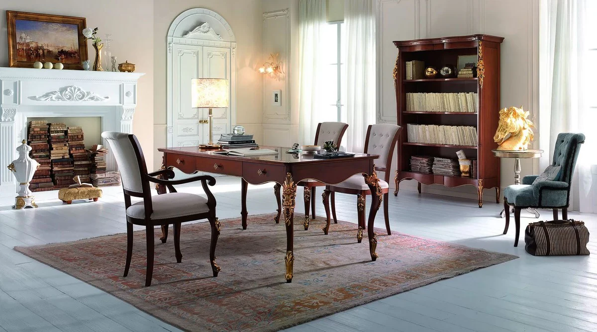 Casa Padrino escritorio barroco de lujo con 3 cajones marr¨®n / oro - Mesa de oficina hecha a mano en estilo barroco - Muebles de oficina de lujo estilo barroco - Calidad de lujo - Hecho en Italia