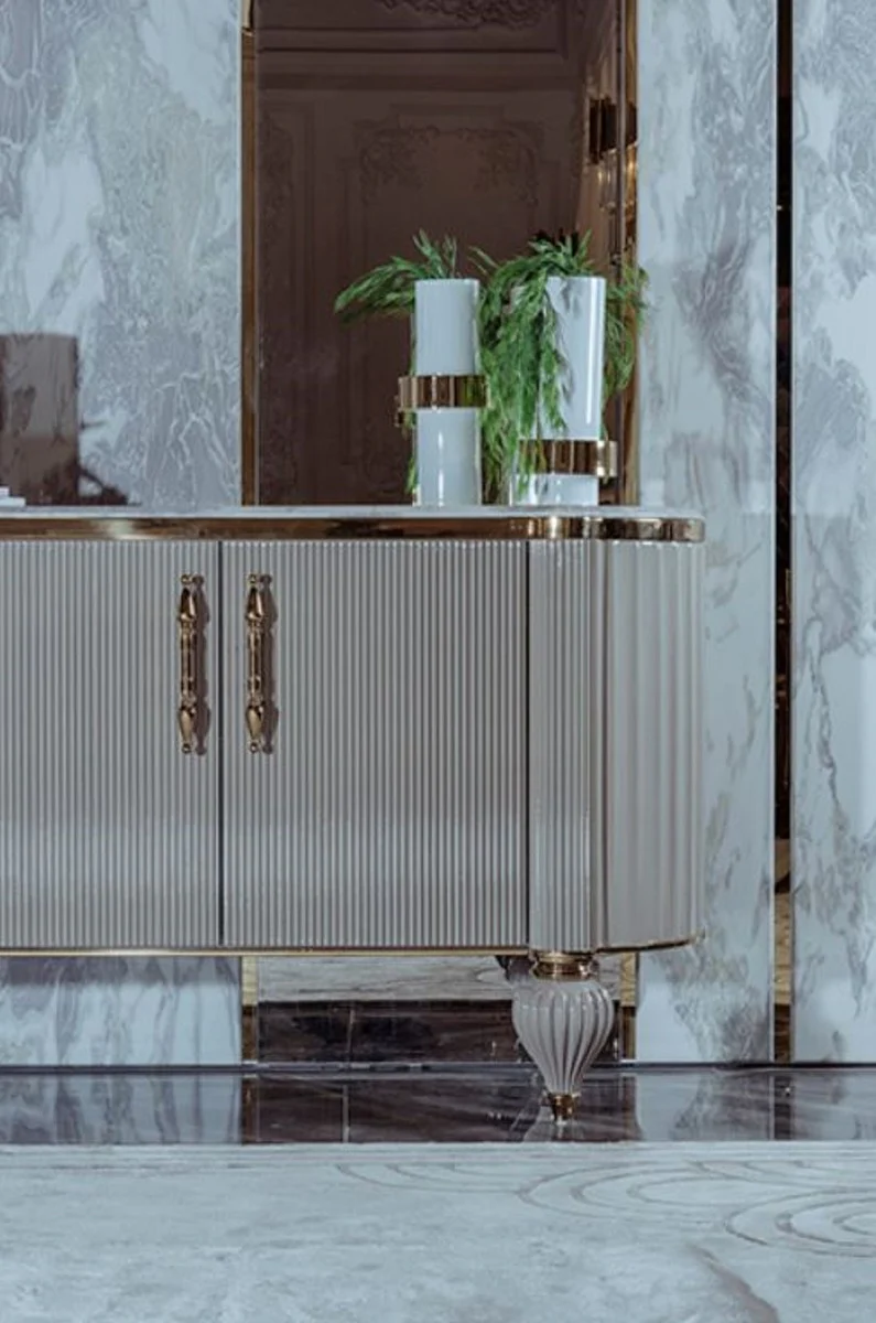 Casa Padrino aparador Art Deco de lujo gris / blanco / oro 235 x 54 x A. 90 cm - Gabinete noble de madera maciza con 4 puertas y tapa de mármol artificial - Muebles Art Deco - Calidad de Lujo