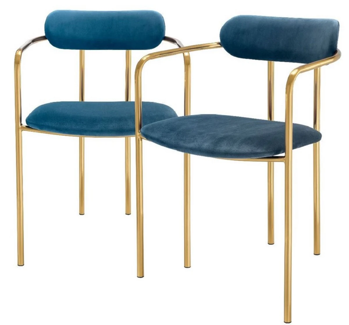 Casa Padrino sillas de comedor de lujo con reposabrazos azul / oro 53 x 50 x H. 74 cm - Sillas de Cocina con Tela de Terciopelo Fino - Conjunto de Comedor - Muebles de Comedor