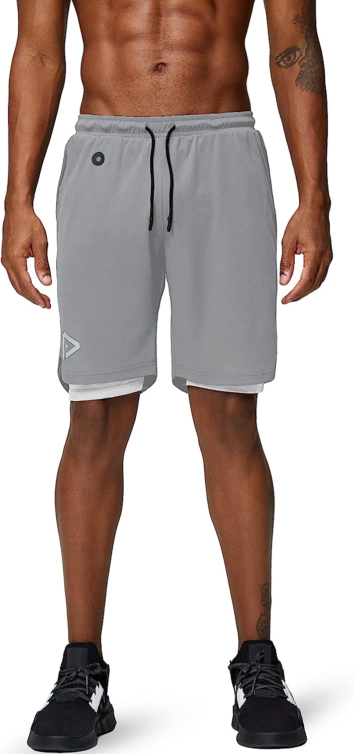 Men's 2 in 1 Running Shorts Gym Workout Quick Dry Mens Shorts with Phone Pocket