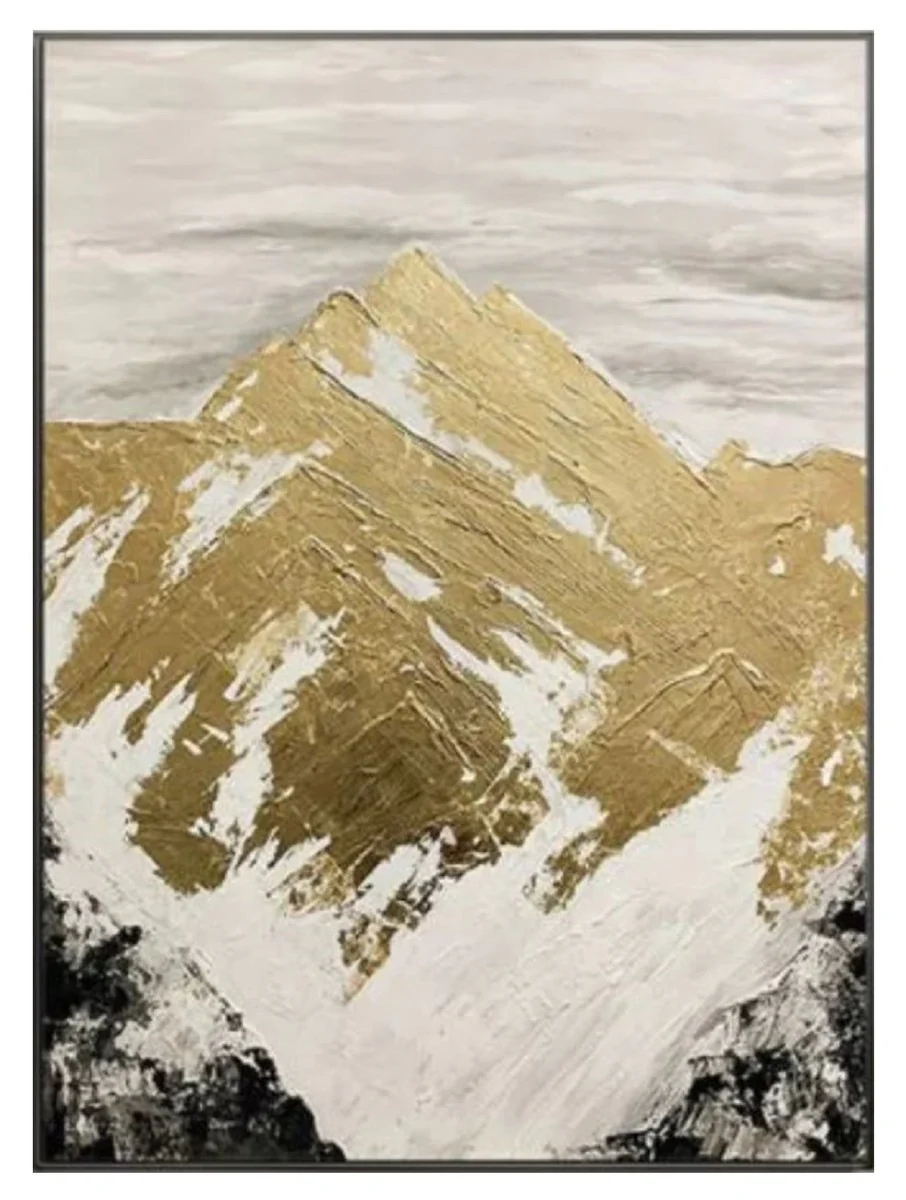 Casa Padrino Pintura al Óleo de Diseño de Lujo Montañas Oro / Blanco / Gris / Negro 120 x A. 170 cm - Pintura Pintada a Mano con Marco de Metal - Decoración de Pared de Lujo - Accesorios Decorativos