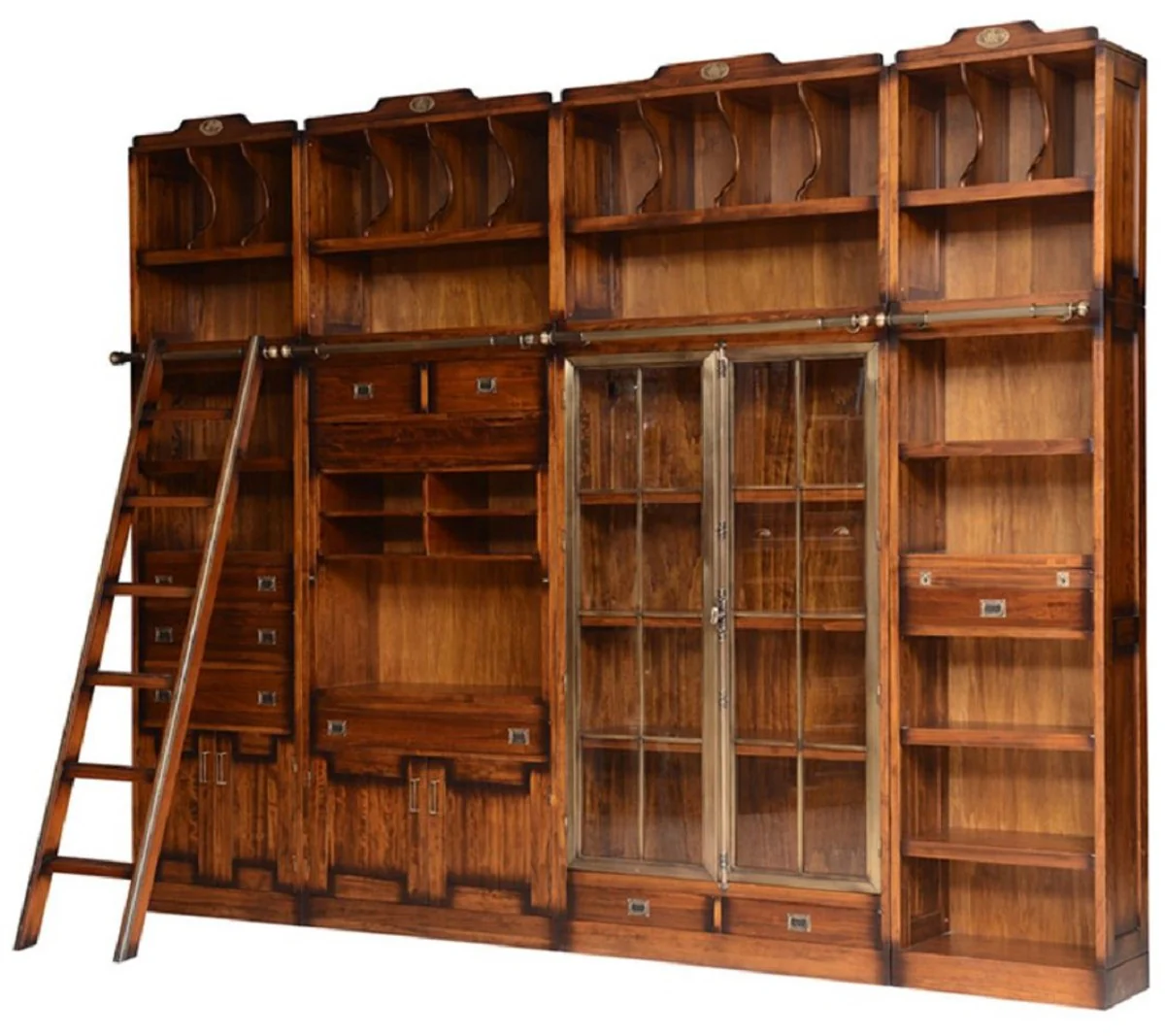 Casa Padrino armario de libros de estilo vintage de lujo con escalera marrón 331 x 34 x A. 256 cm - Armario estantería - Armario de salón - Armario de oficina - Muebles de madera maciza de lujo