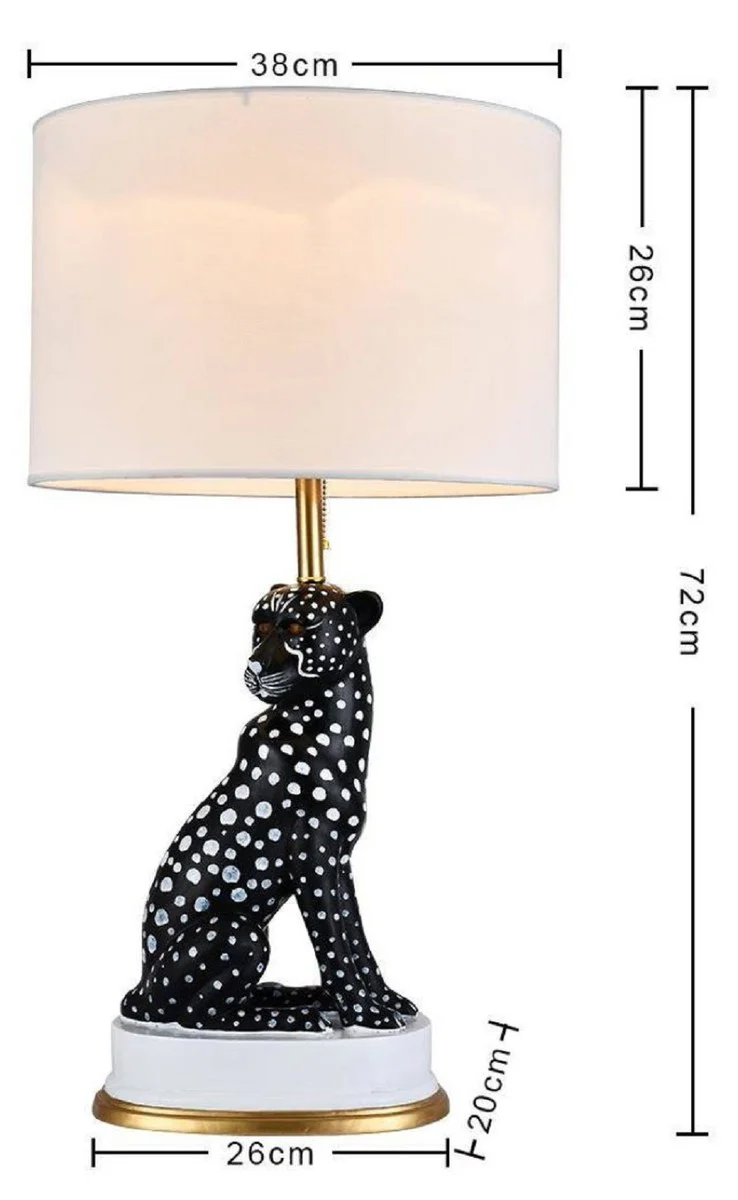 Casa Padrino lámpara de mesa de cerámica de lujo puma gato negro / blanco / oro Ø 38 x A. 72 cm - Lámpara de escritorio de cerámica con pantalla redonda - Luces de cerámica de lujo