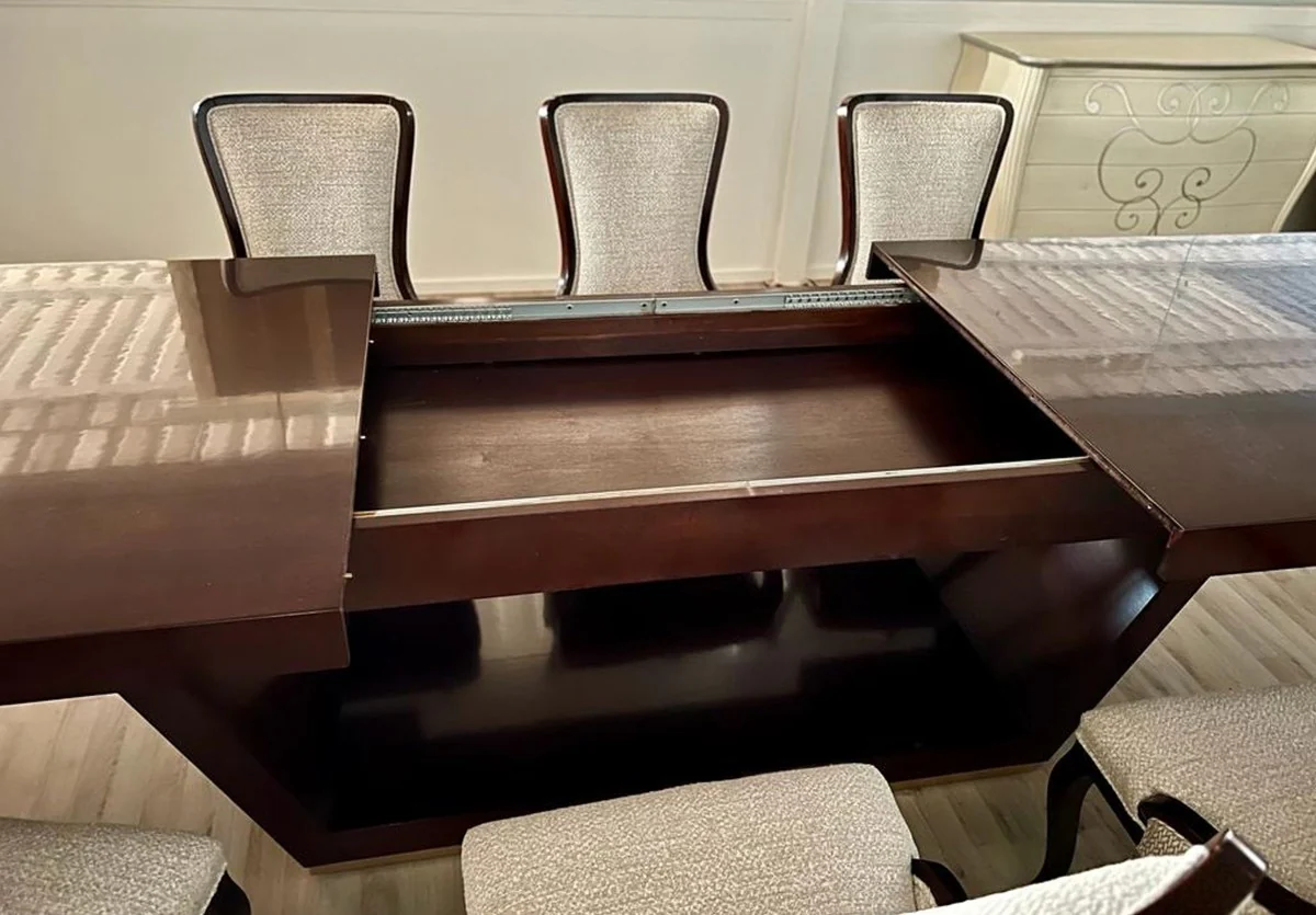 Casa Padrino Conjunto de Comedor Art D¨¦co de Lujo Beige / Marr¨®n / Oro - 1 Mesa de Comedor Extensible y 6 Sillas de Comedor - Muebles de Comedor Art Deco de Lujo - Hecho en Italia