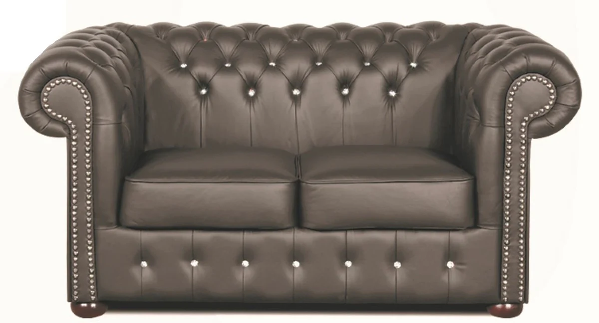 Casa Padrino Chesterfield sof¨¢ de 2 plazas cuero genuino gris oscuro con cristales de Swarovski 160 x 90 x H. 78 cm - Colecci¨®n de Lujo