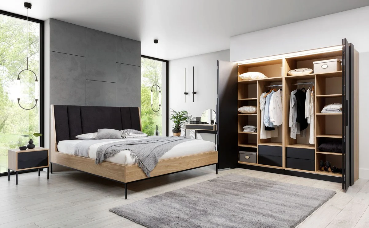 Casa Padrino cama doble de lujo negro / natural - Cama de madera maciza noble con cabecero - Muebles de dormitorio - Muebles de hotel - Muebles de lujo - Interiores de lujo