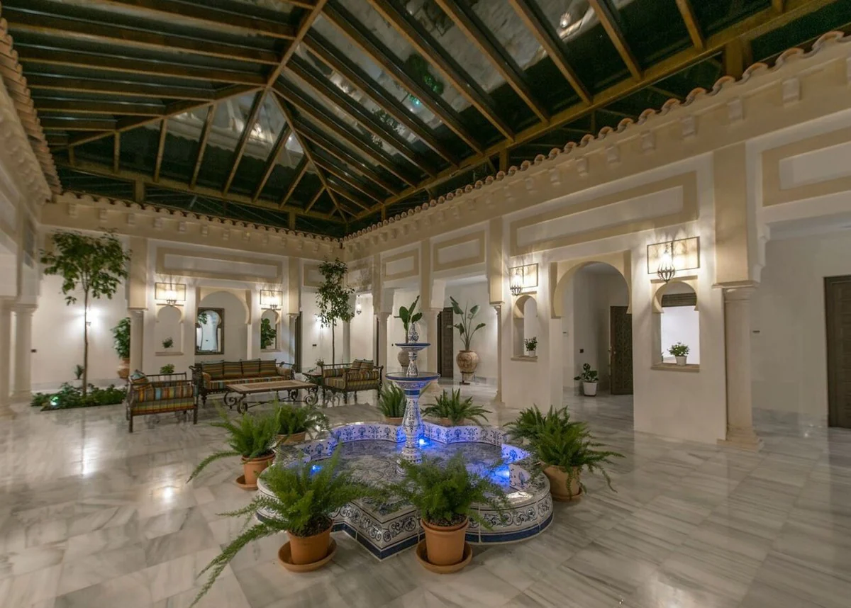 Casa Padrino fuente Art Nouveau de lujo blanco / azul 300 x 300 x A. 155 cm - Fuente de jardín de cerámica hecha a mano y pintada a mano - Accesorios de Decoración de Jardín Barroco y Art Nouveau