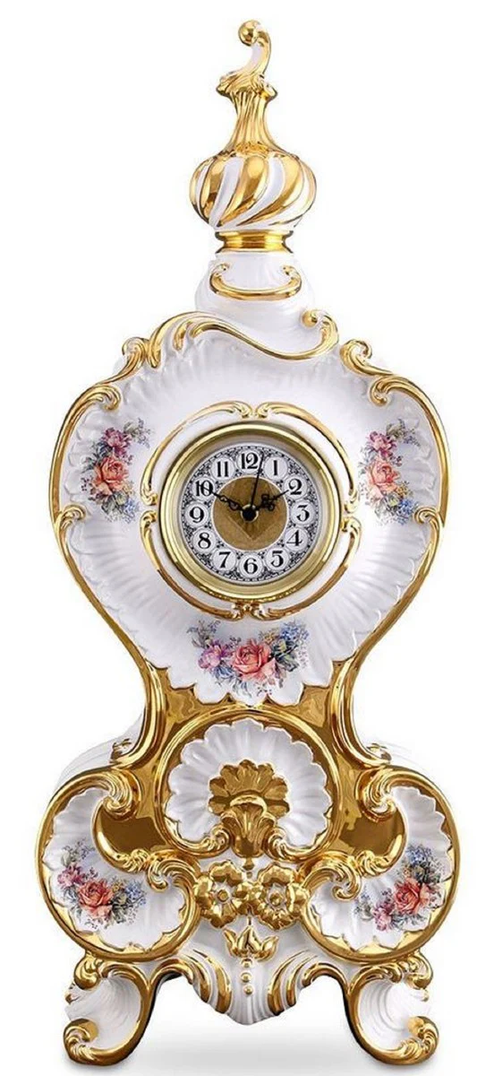 Casa Padrino reloj de mesa barroco blanco / oro / multicolor 37 x 17 x H. 84 cm - Suntuoso Reloj de Cerámica Barroco con Diseño Floral
