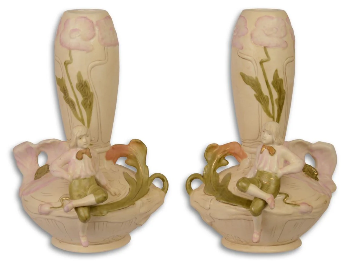 Casa Padrino floreros de porcelana de Art Nouveau set beige / multicolor 17,5 x 17 x H. 25,8 cm - Floreros Deco