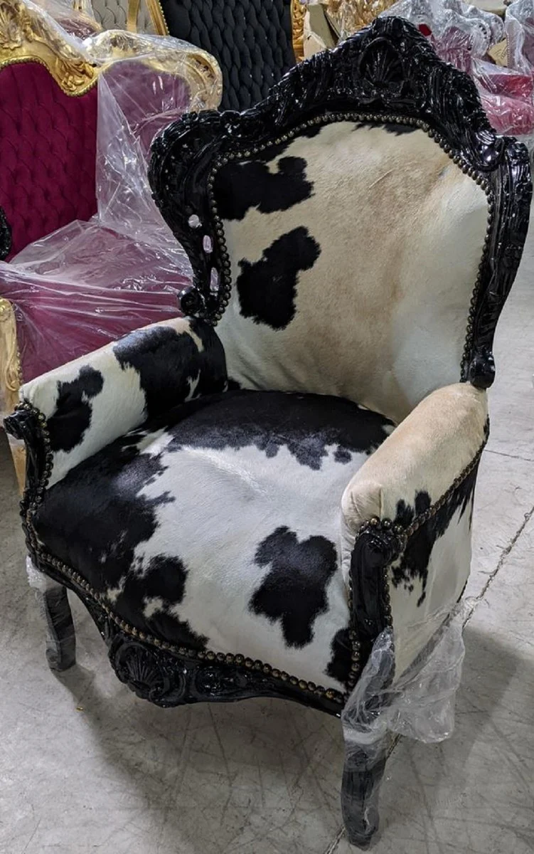 Casa Padrino sill¨®n barroco cuero de vaca / negro - Sill¨®n de sal¨®n de madera maciza hecho a mano - Sill¨®n de sal¨®n de estilo antiguo - Muebles de sal¨®n de estilo barroco - Muebles barrocos