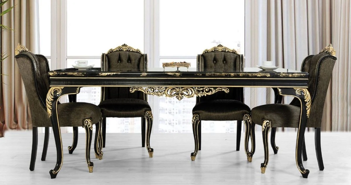 Casa Padrino mesa de comedor barroco de lujo negro / oro - Mesa de comedor de madera maciza noble - Muebles de comedor barrocos - Noble y Magn¨ªfico