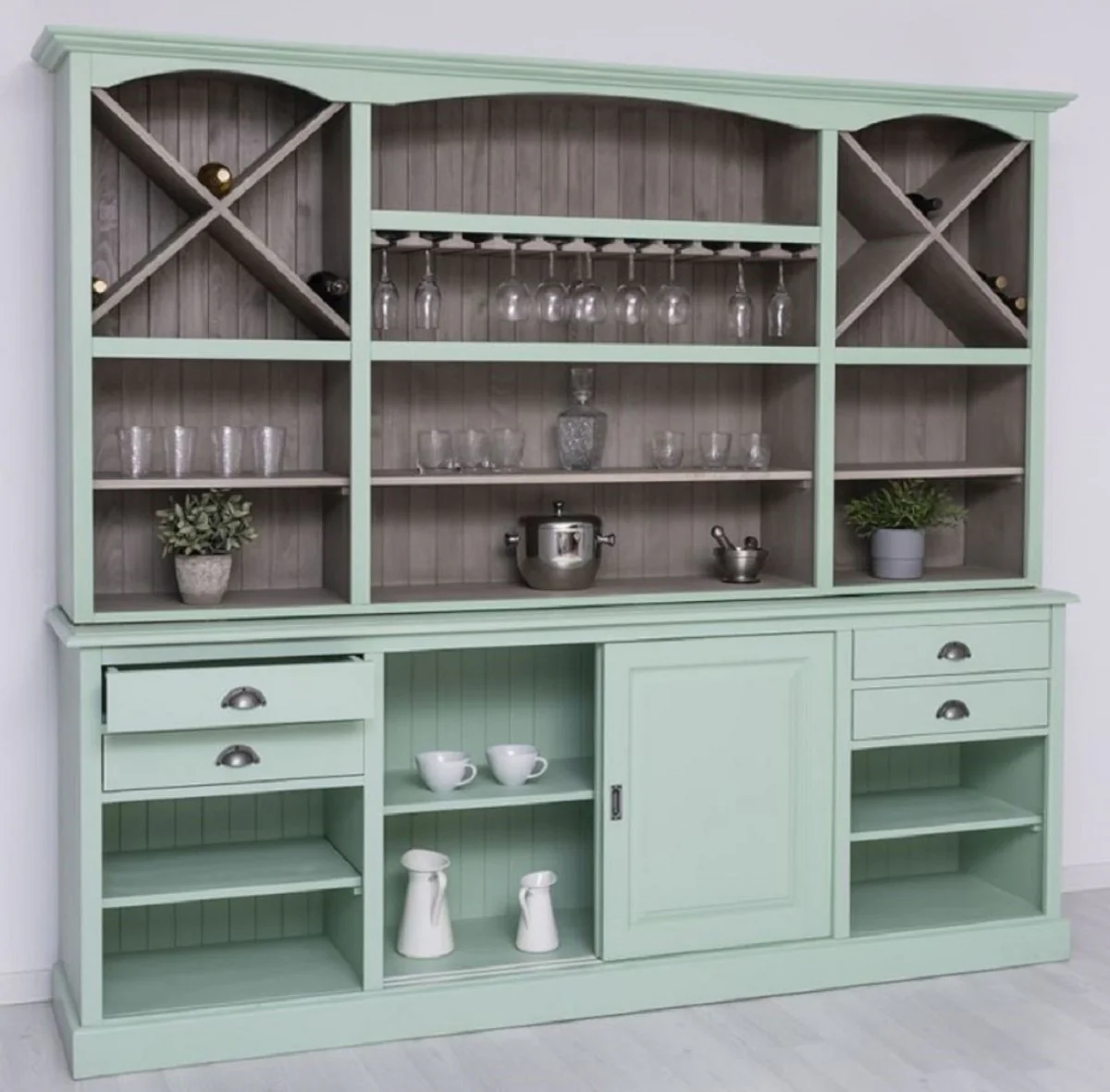 Casa Padrino gabinete bar de estilo campestre verde menta / gris 240 x 50 x A. 210 cm - Gabinete para vinos de madera maciza de estilo campestre - Muebles de bar de estilo campestre