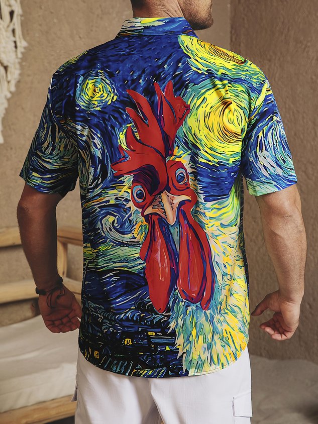 Rooster Chest Pocket Short Sleeve Casual Shirt