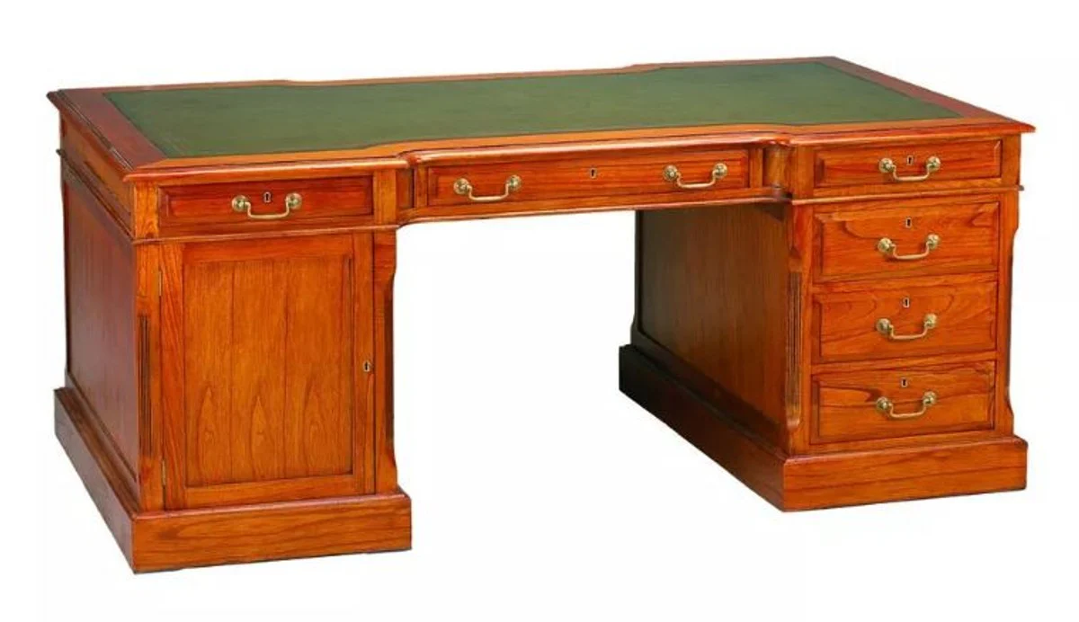 Casa Padrino escritorio de lujo marr¨®n claro / cuero genuino verde 190 x 105 x A. 79 cm - secretaria de estilo antiguo de madera maciza con 6 cajones