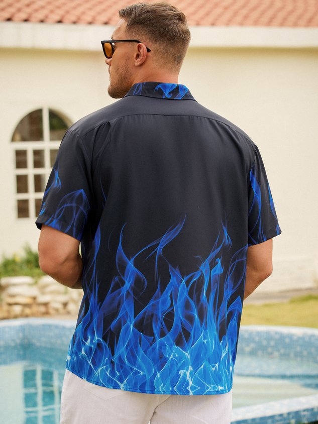 Men's Halloween Fire Print Anti-Wrinkle Moisture Wicking Fabric Fashion Hawaiian Lapel Short Sleeve Shirt