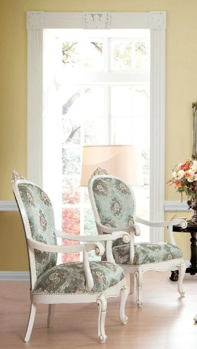 Casa Padrino conjunto de sala de estar barroco de lujo turquesa / verde / blanco - 2 Sof¨¢s y 2 Sillones con Patr¨®n y 1 Mesa de Centro - Muebles de sal¨®n en estilo barroco - Noble y Magn¨ªfica