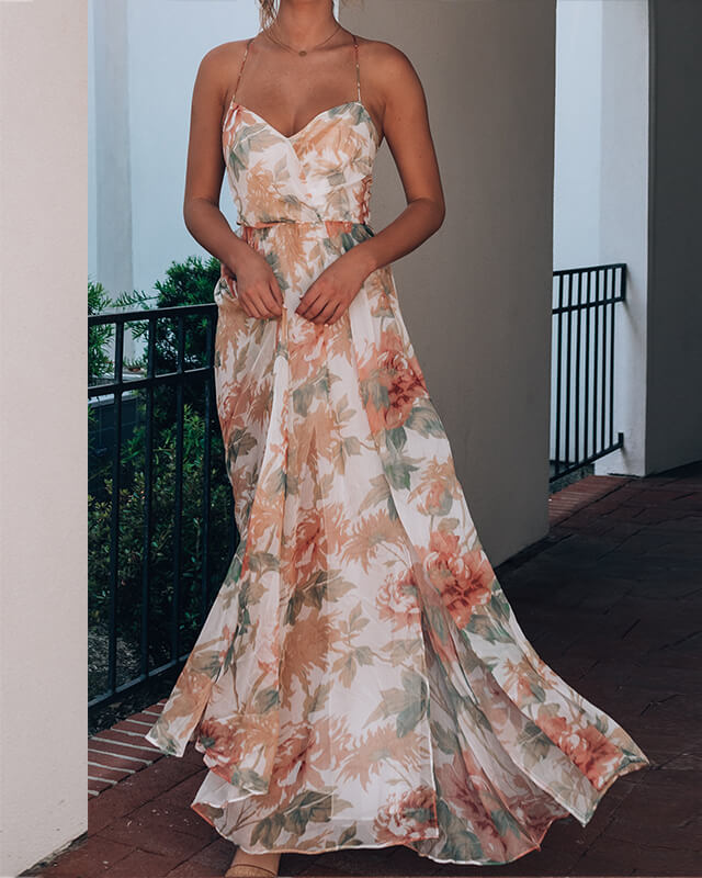 Women's V-neck Printed Slit Sexy Vacation Dress