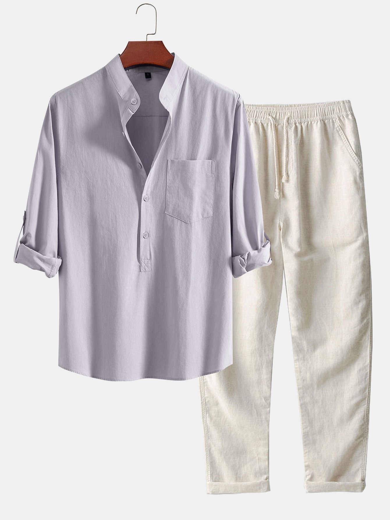 Long Sleeve Linen Look Henley Collar Shirt & Straight Leg Linen Pants