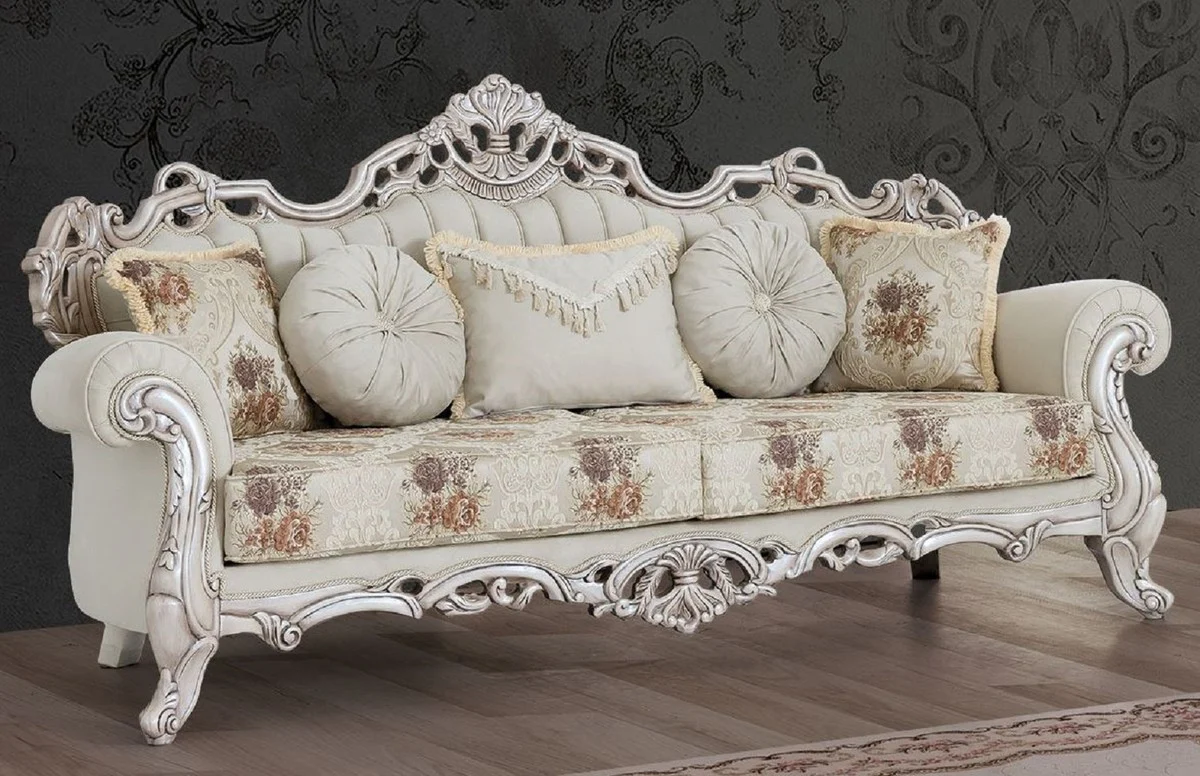Casa Padrino sof¨¢ barroco de lujo crema / beige / multicolor / blanco antiguo - Magn¨ªfico sof¨¢ de sal¨®n con patr¨®n elegante - Muebles de sal¨®n barrocos