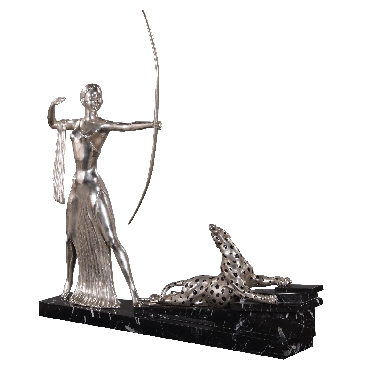 Casa Padrino figura de bronce con arco y tigre sobre base de mármol plata / negro 85 x 13 x H. 82 cm - Decoracion de Lujo