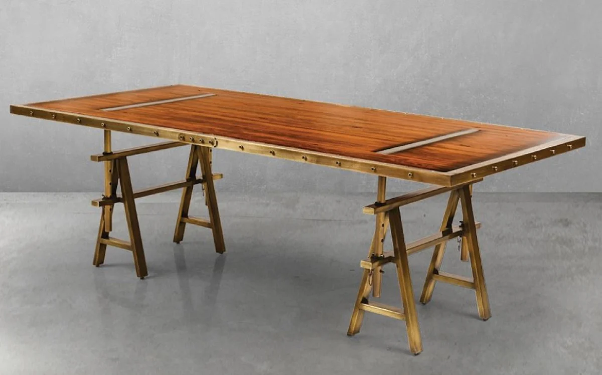 Casa Padrino mesa de comedor de estilo industrial vintage de lujo marr¨®n / lat¨®n 226,5 x 111 x A. 75,5 cm - Mesa de comedor rectangular - Muebles de comedor de estilo industrial vintage de lujo