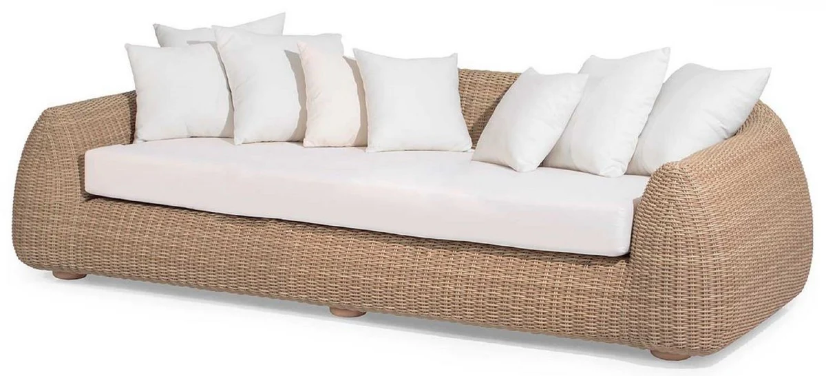 Casa Padrino sofá de jardín de lujo natural / blanco 256 x 124 x A. 72 cm - Sofá impermeable tejido a mano con cojines - Muebles de jardín modernos - Muebles de hotel