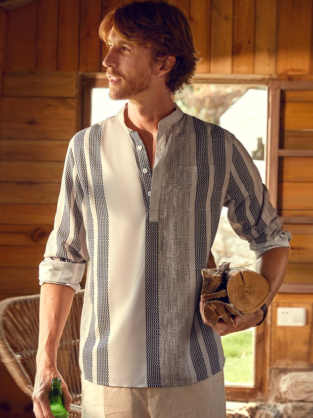 Men Striped Casual Spring/Fall Polyester Holiday Regular Fit Long sleeve Regular H-Line Casual Shirts