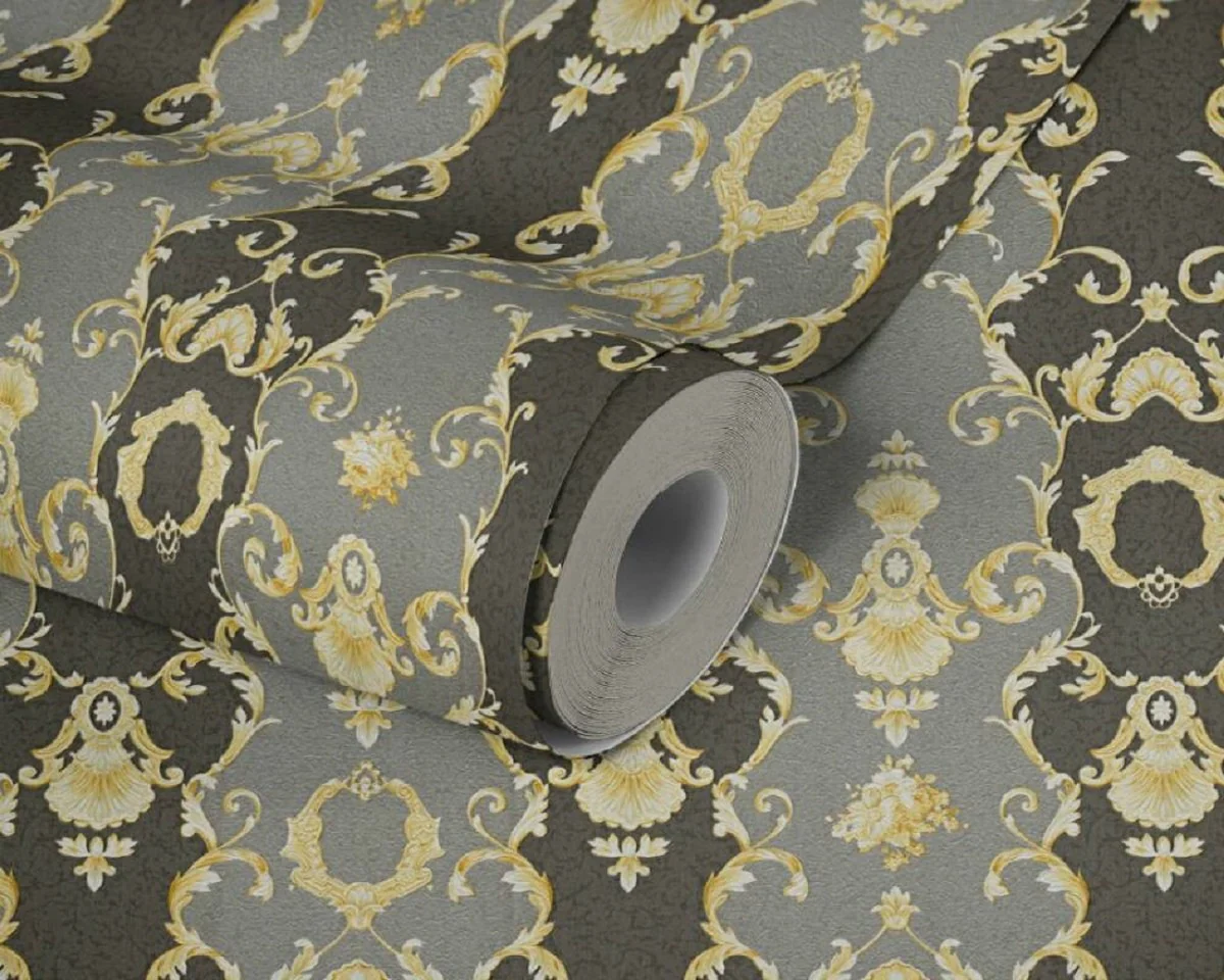 Casa Padrino papel pintado barroco no tejido gris / negro / plata / oro - Papel pintado para salón de estilo barroco con patrón elegante - Accesorios de decoración barroco