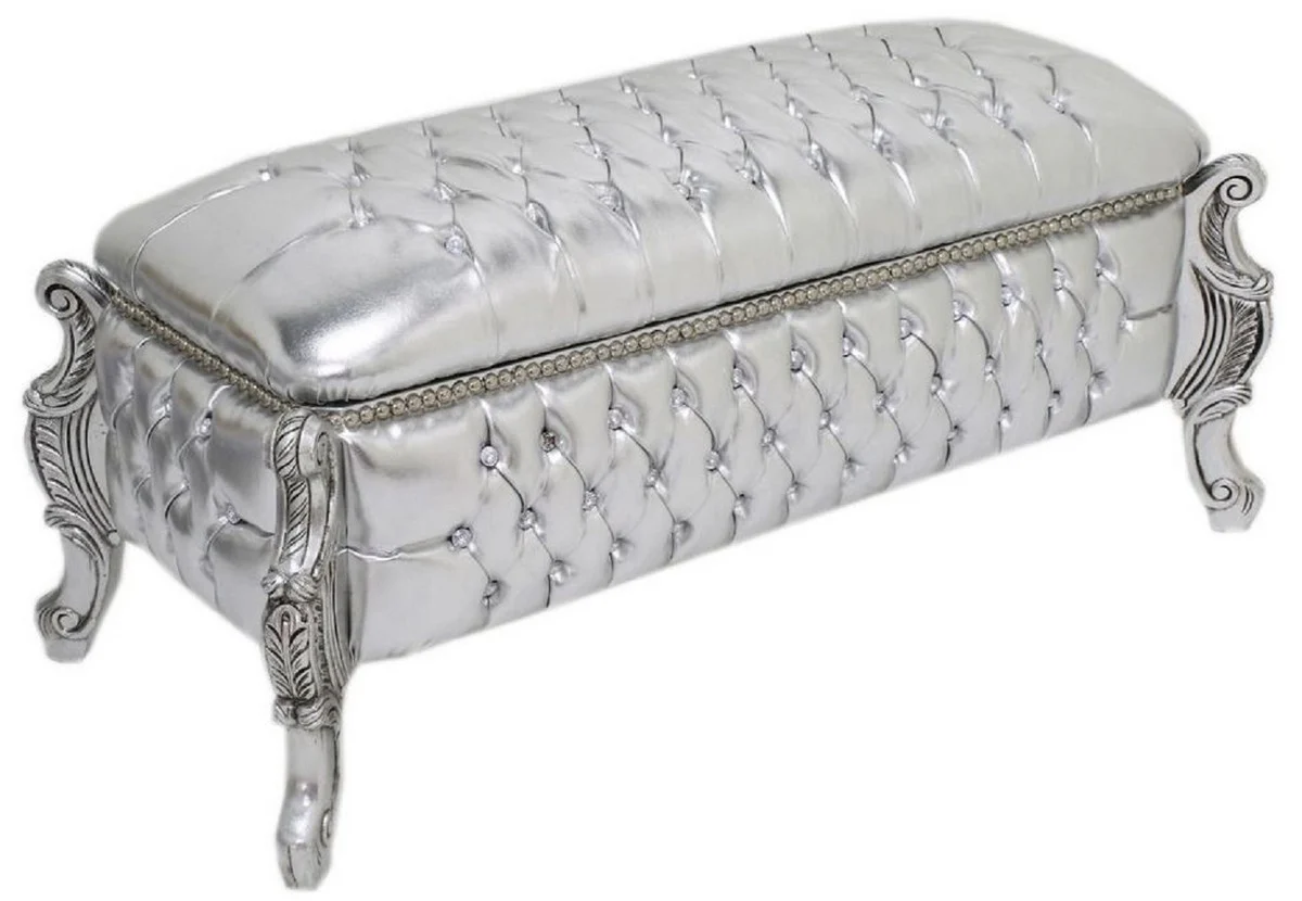 Casa Padrino banco barroco / pecho aspecto cuero plata / plata - Banco tapizado de madera maciza con pedrería - Muebles de estilo barroco