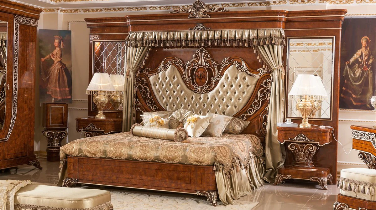 Casa Padrino conjunto de dormitorio barroco de lujo oro / marrón / bronce - 1 Cama Doble con Cabecera y Respaldo y 2 Mesitas de Noche - Muebles de dormitorio barroco - Noble y Magnífico