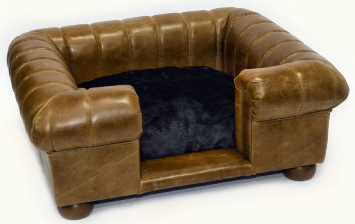 Casa Padrino Cama para Perros de Cuero de Lujo Marrón Vintage / Marrón Oscuro / Negro 109 x 89 x A. 37 cm - Cama para Perros de Cuero Genuino Rectangular - Muebles para Mascotas de Cuero Genuino