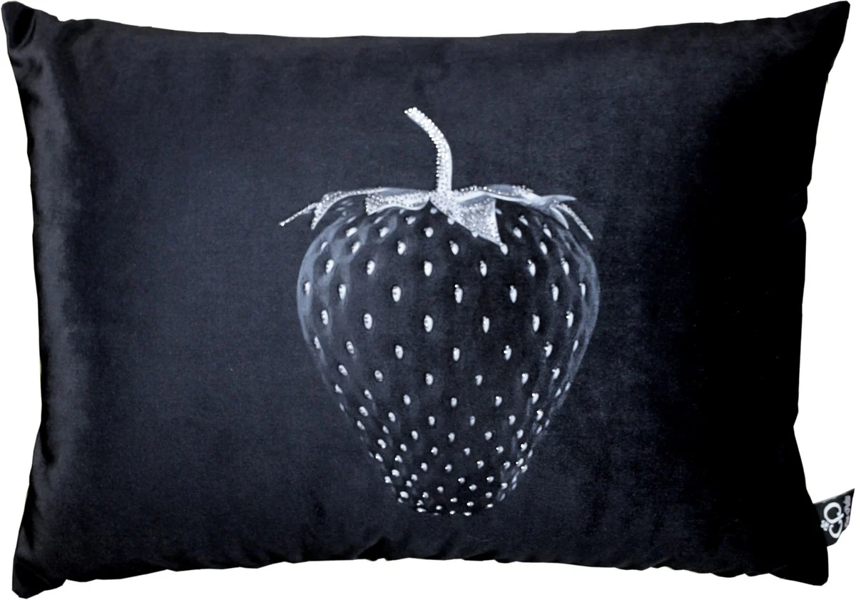 Cojín decorativo de lujo de fresa de Casa Padrino con pedrería brillante negro / plateado de 35 x 55 cm - la mejor tela de terciopelo - accesorios de decoración de lujo