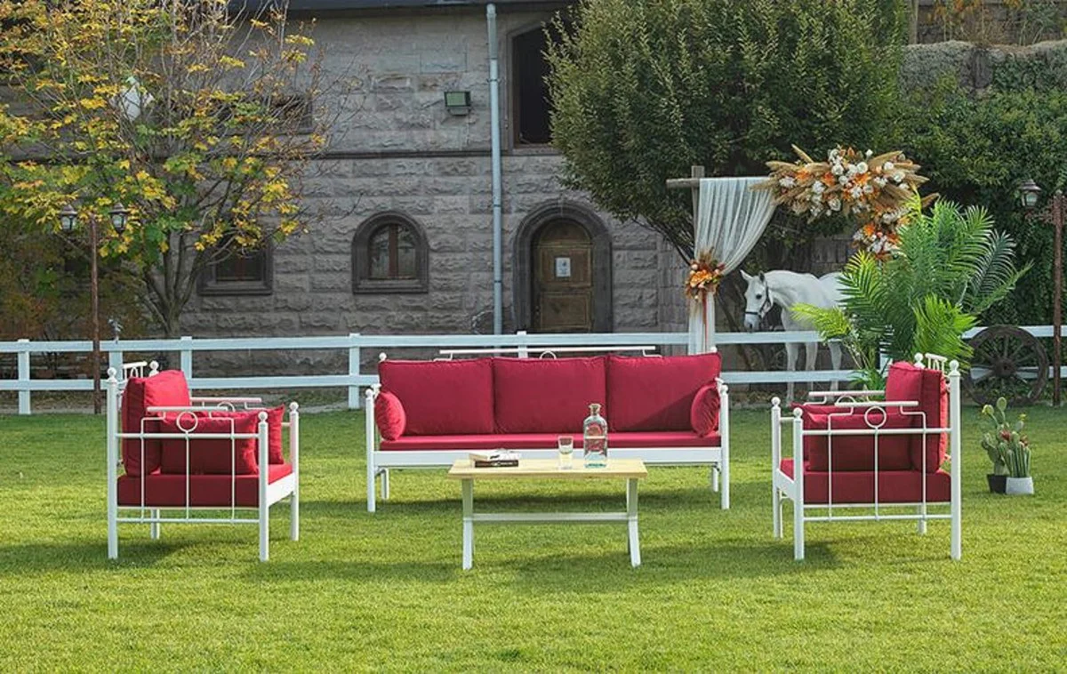 Casa Padrino Art Nouveau Conjunto de Muebles de Jardín Rojo Burdeos / Blanco - 1 Sofá y 2 Sillones y 1 Mesa - Muebles de Jardín y Patio en Estilo Art Nouveau