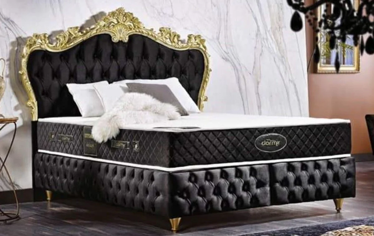 Casa Padrino cama doble barroco negro / oro - Cama de terciopelo adornada con colchón - Conjunto Completo - Muebles de Dormitorio Barrocos
