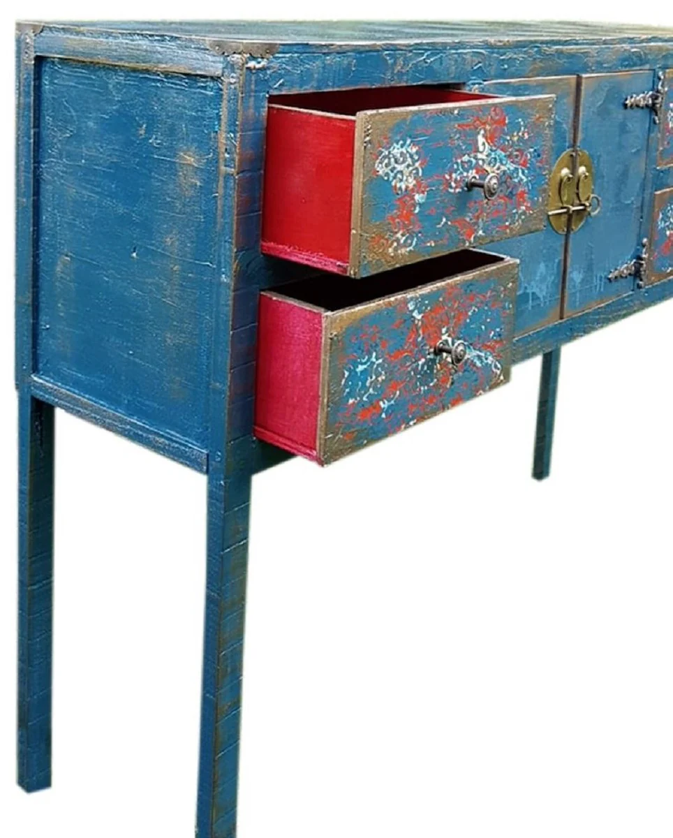 Casa Padrino cómoda de estilo campestre de lujo con 2 puertas y 4 cajones azul antiguo - Gabinete Hecho a Mano de Estilo Campestre