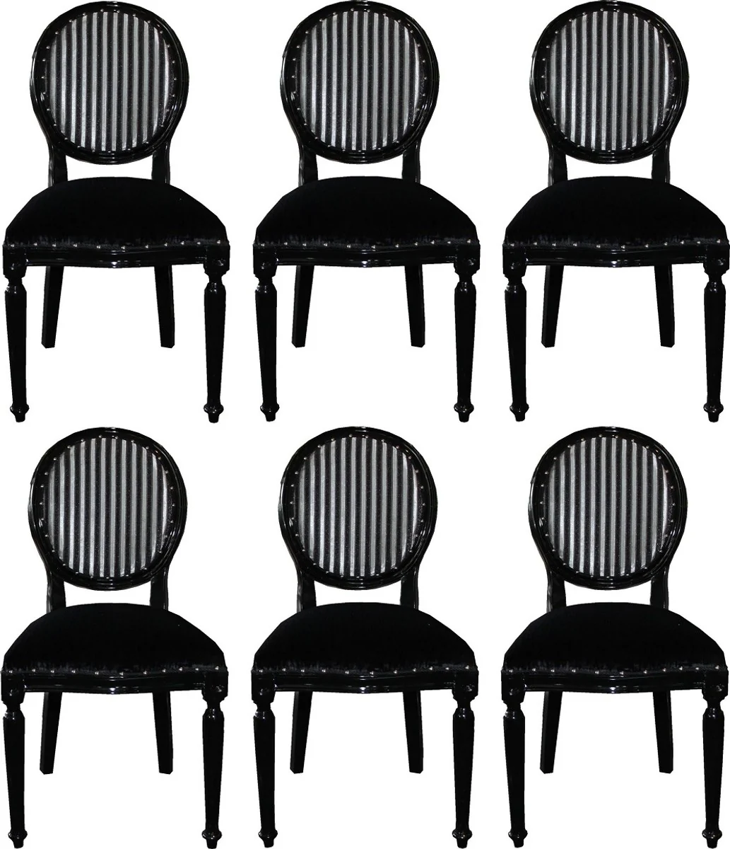 Casa Padrino Conjunto de Sillas de Comedor Barroco de Lujo Medall¨®n Negro / Plata 50 x 52 x H. 99 cm - 6 Sillas de Comedor Hechas a Mano - Muebles de Comedor Barrocos