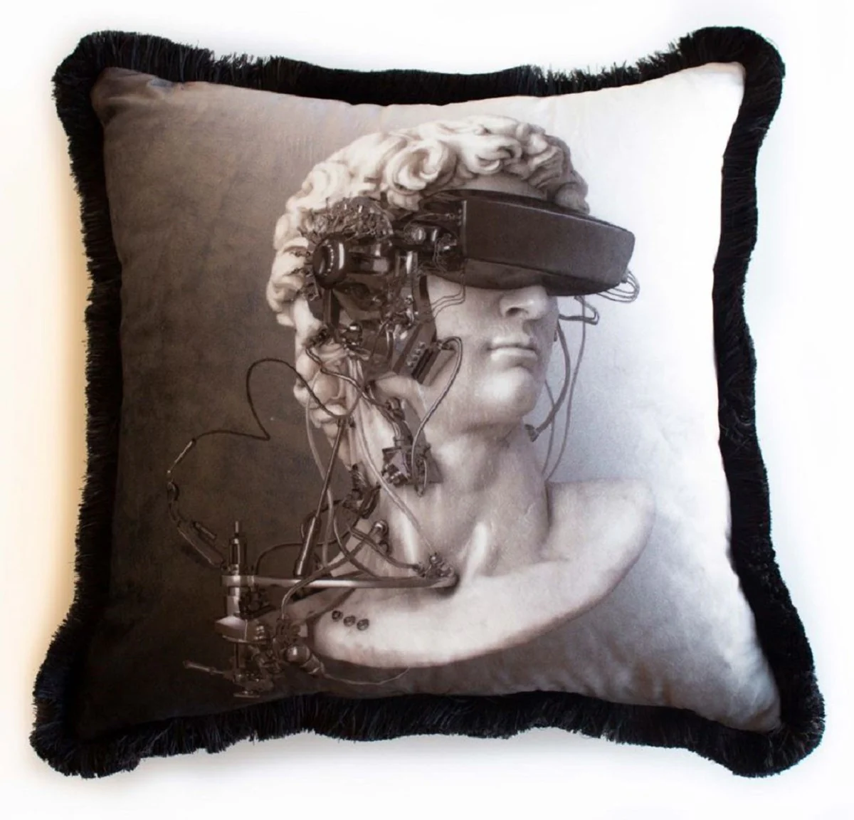 Casa Padrino cojín decorativa de lujo busto cyber barroco gris / blanco / negro 45 x 45 cm - Almohada de terciopelo estampado con flecos - Accesorios decorativos de lujo