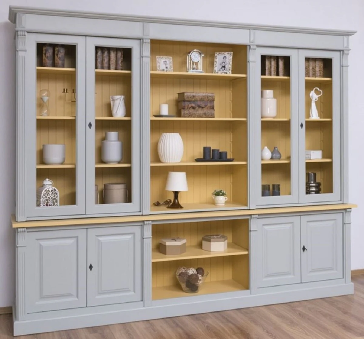 Casa Padrino armario de sala de estar estilo campestre gris / amarillo 286 x 51 x A. 228 cm - Armario de madera maciza - Armario de libros - Muebles de estilo campestre