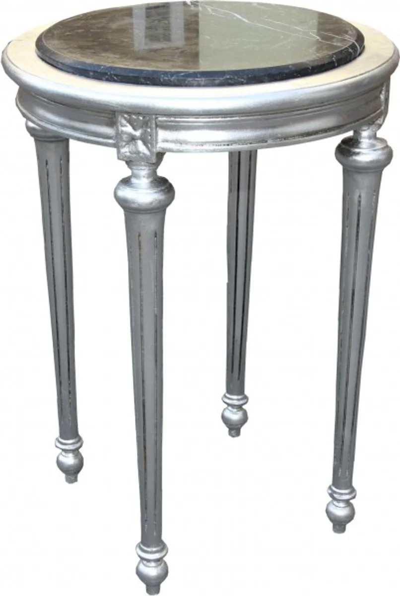 Casa Padrino Baroque Side Table round marble-topped silver / black H 72 cm, W 49 cm Mod Y30 antique style