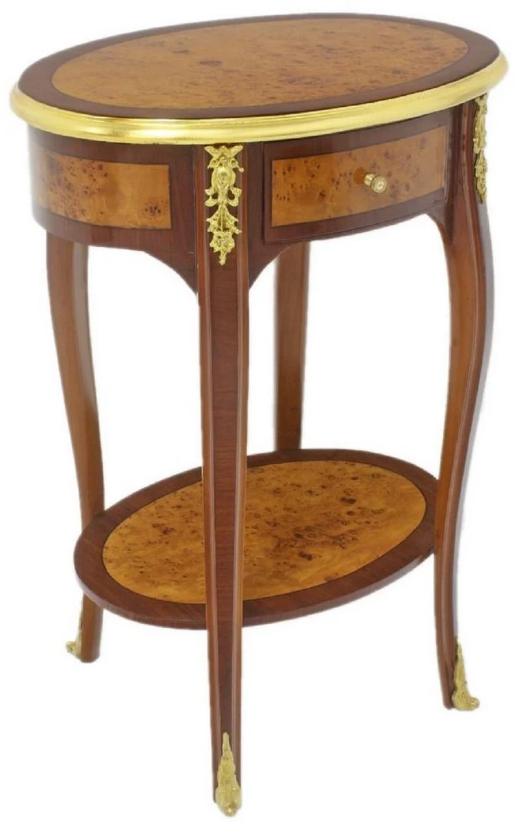 Casa Padrino mesa auxiliar barroco marrón oscuro / marrón claro / oro 50 x 35 x A. 75 cm - Mesa ovalada de madera maciza con cajón - Muebles de salón barrocos