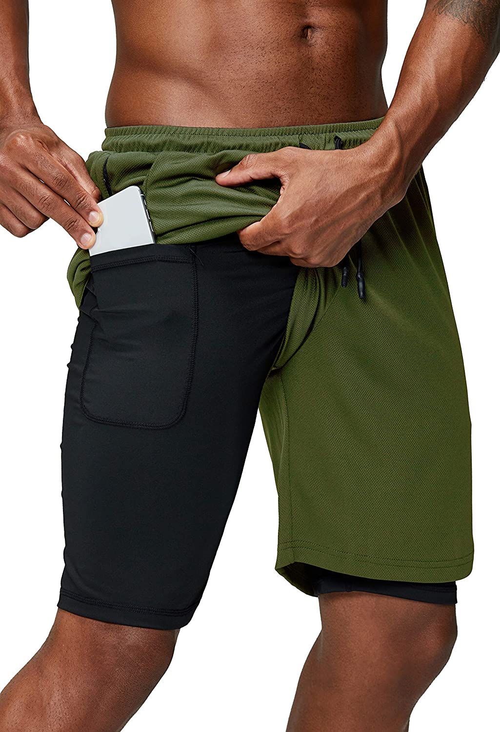 Men's 2 in 1 Running Shorts Gym Workout Quick Dry Mens Shorts with Phone Pocket